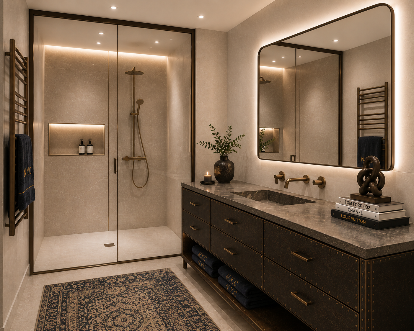 Salle d'eau new-yorkaise, marbre beige et bronze patiné
