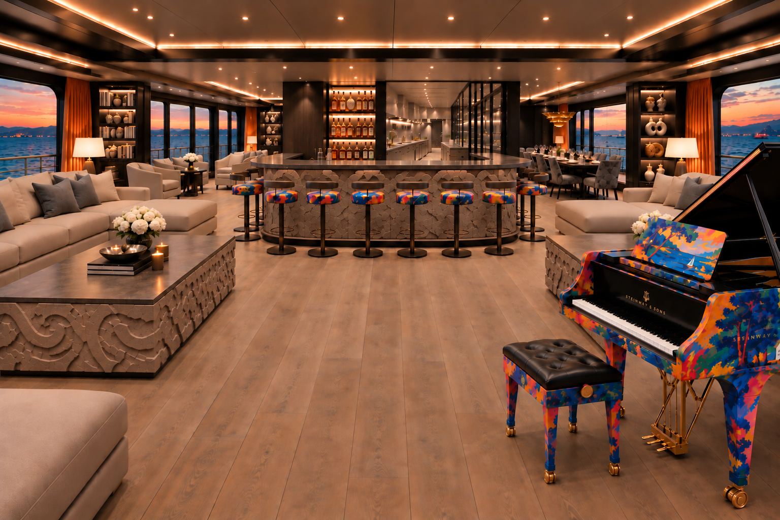 Salon principal, bar et piano d'artiste
